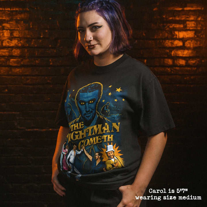 Model wearing heavy tee with nightman graphic 
