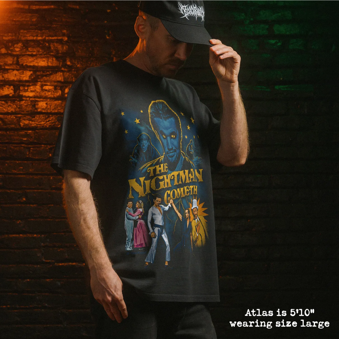 Model wearing heavy tee with nightman graphic 