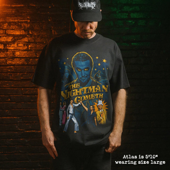 Model wearing heavy tee with nightman graphic 