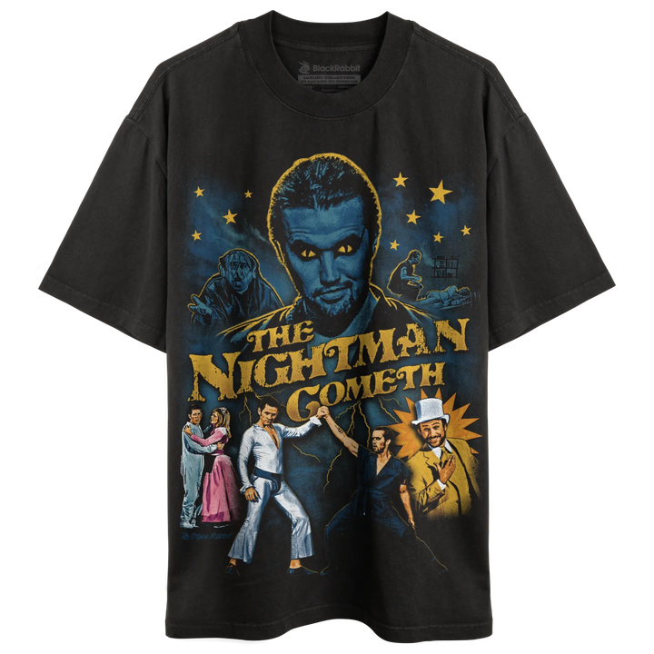 Black t-shirt with a ’The Nightman Cometh’ graphic print.