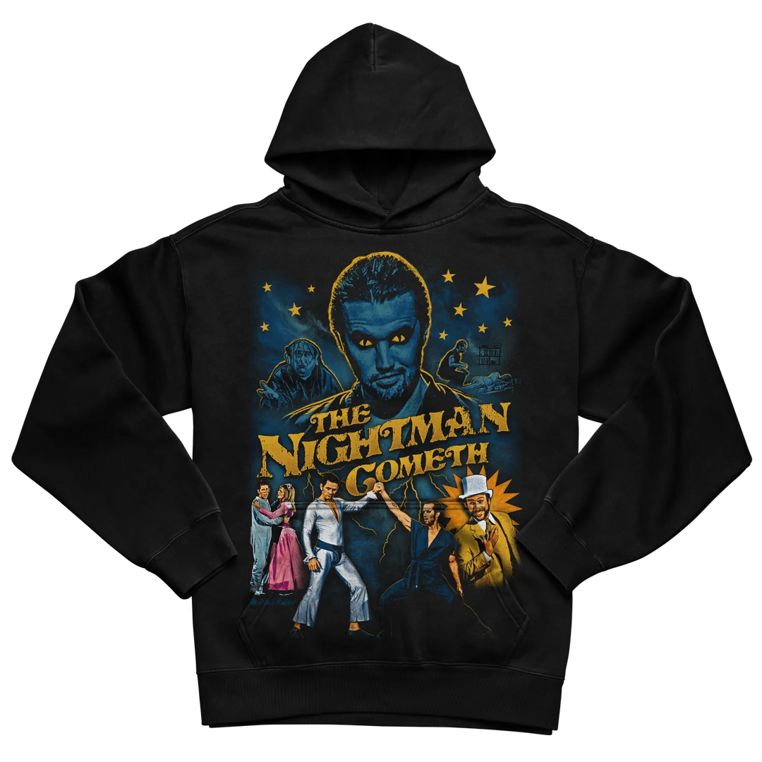 Black hoodie with ’the nightman cometh’ graphic design featuring a blue-skinned character and various other figures against a starry night sky.