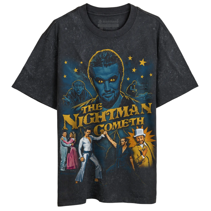 Dark gray t-shirt with a vintage-style graphic featuring ’The Nightman Cometh’ text and characters from the show.
