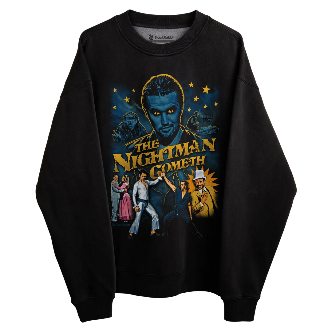 Black crewneck sweatshirt with ’the nightman cometh’ graphic design featuring a man and various characters.
