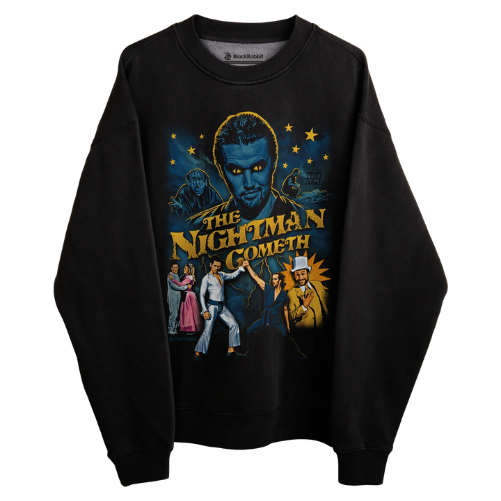 Black crewneck sweatshirt with ’the nightman cometh’ graphic design featuring a man and various characters.