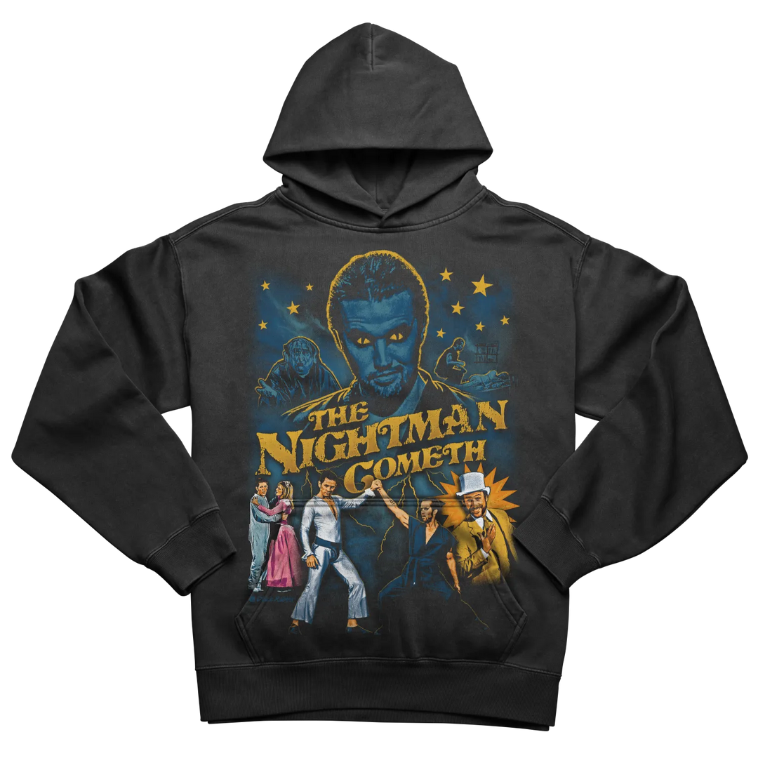 Black hooded sweatshirt with a ’The Nightman Cometh’ graphic.