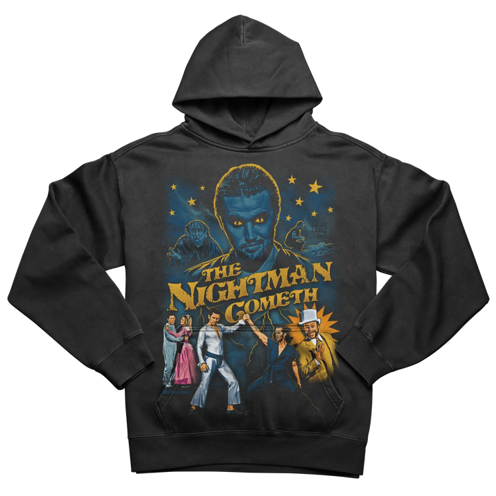 Black hooded sweatshirt with a ’The Nightman Cometh’ graphic.