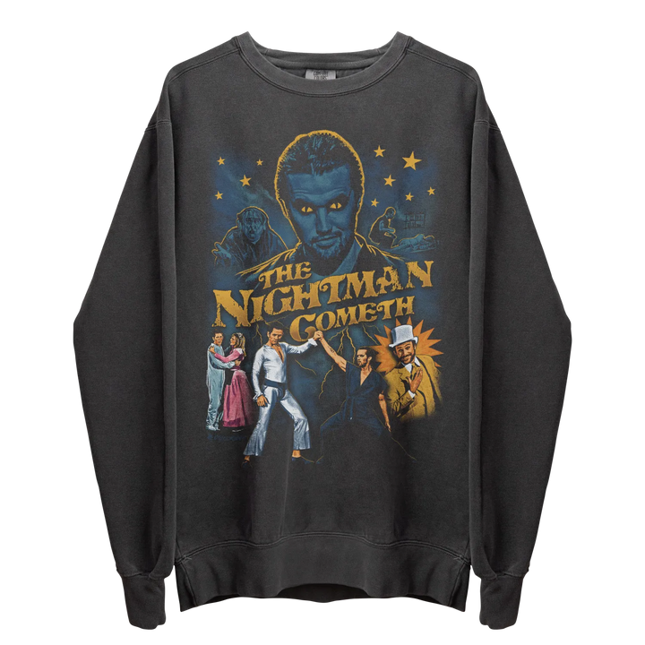 A dark grey crewneck sweatshirt with a colorful graphic print of ’The Nightman Cometh’ from It’s Always Sunny in Philadelphia.