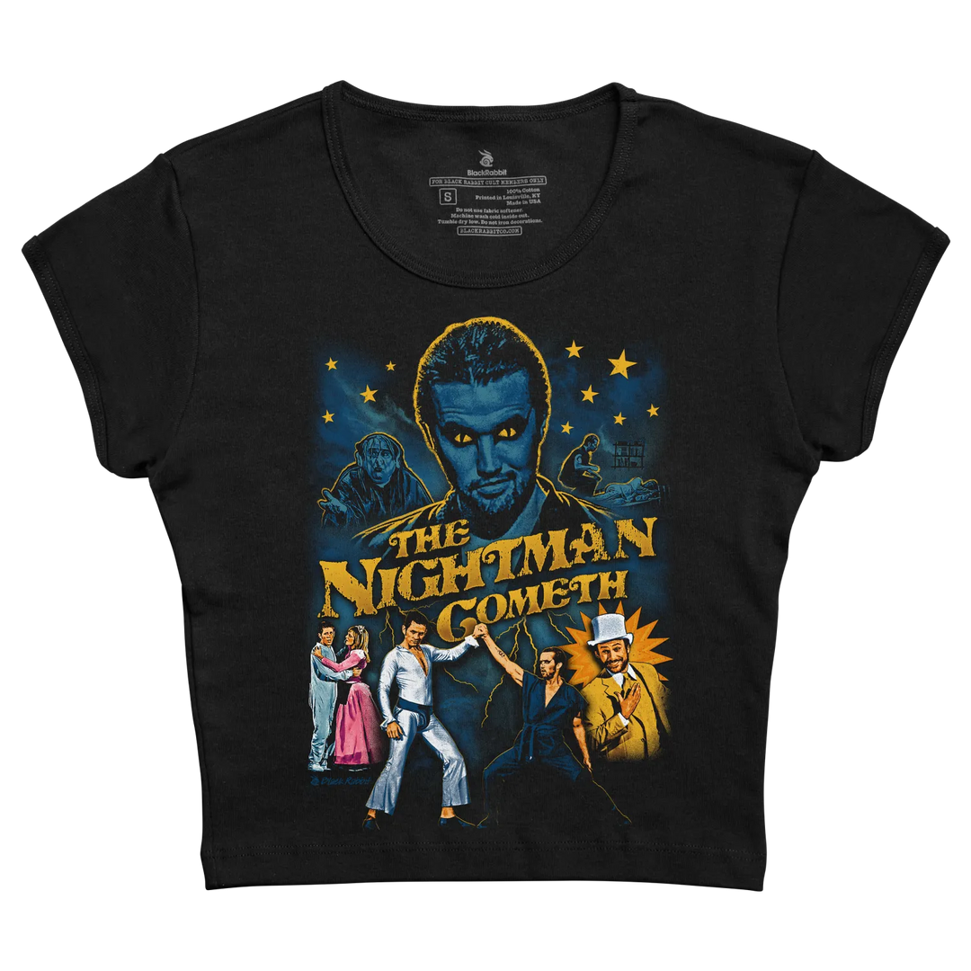 Black short-sleeved t-shirt featuring a vibrant graphic of ’the nightman cometh’ movie poster with yellow and blue artwork.