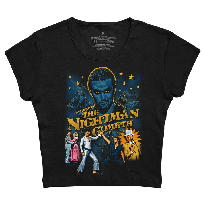 Black short-sleeved t-shirt featuring a vibrant graphic of ’the nightman cometh’ movie poster with yellow and blue artwork.