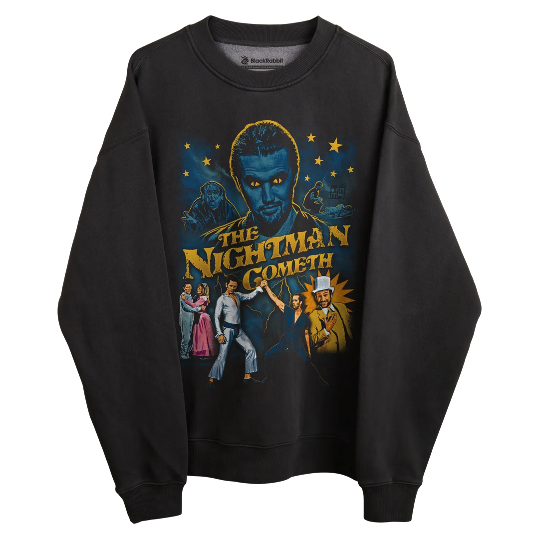 Black crewneck sweatshirt with ’the nightman cometh’ graphic design featuring a vintage horror movie poster.