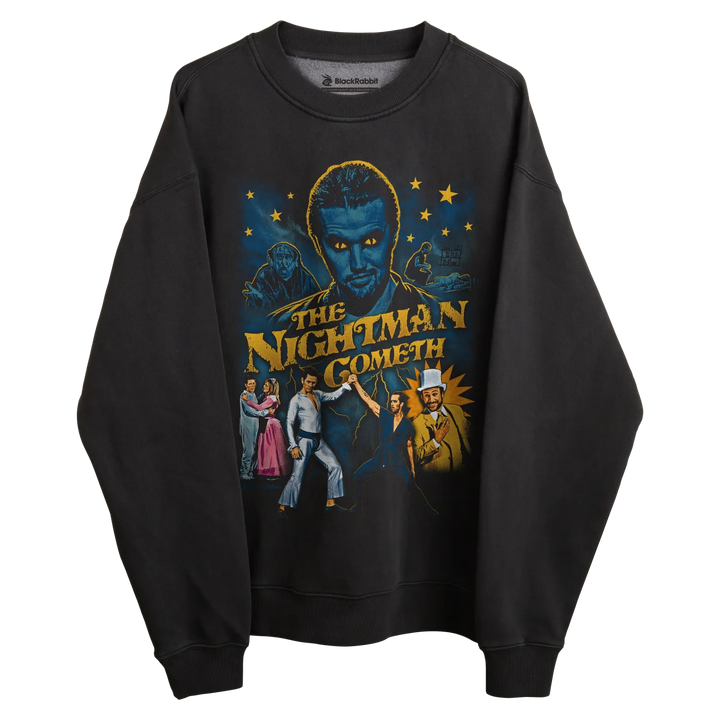 Black crewneck sweatshirt with ’the nightman cometh’ graphic design featuring a vintage horror movie poster.
