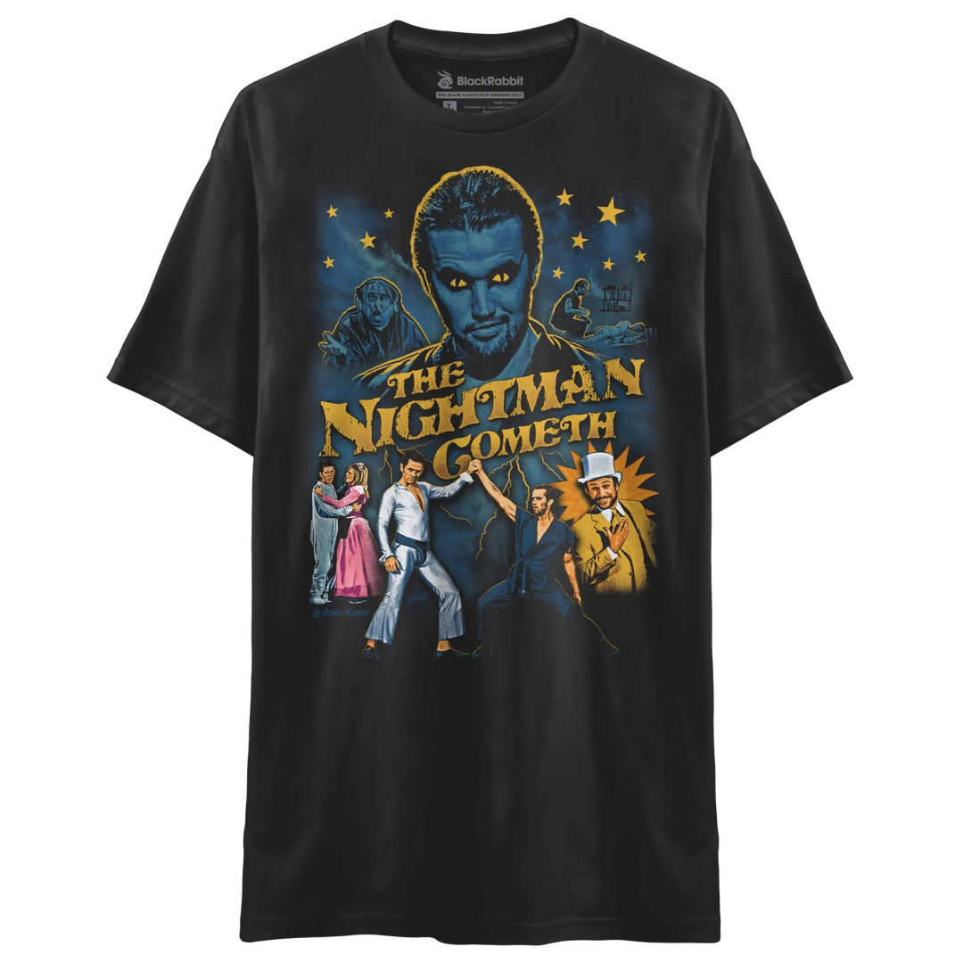Black short-sleeved t-shirt with a colorful graphic print.