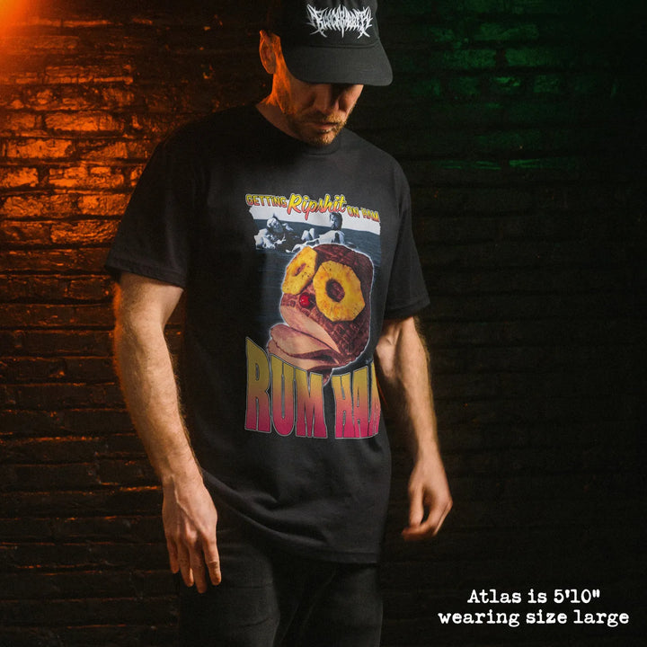 Male model wear soft premium tee with rum ham graphic
