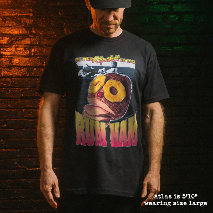 Male model wear soft premium tee with rum ham graphic
