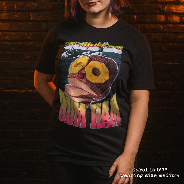 model wear soft premium tee with rum ham graphic
