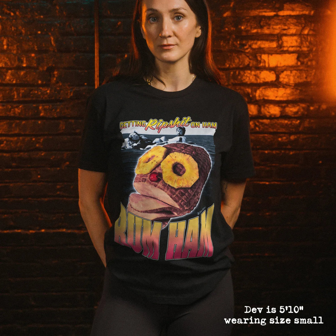 model wear soft premium tee with rum ham graphic
