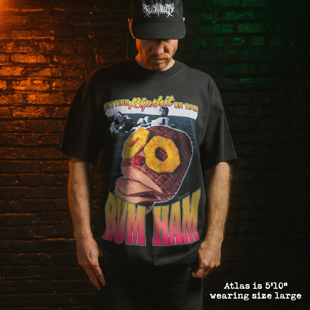 Model wearing heavy tee with rum ham graphic 