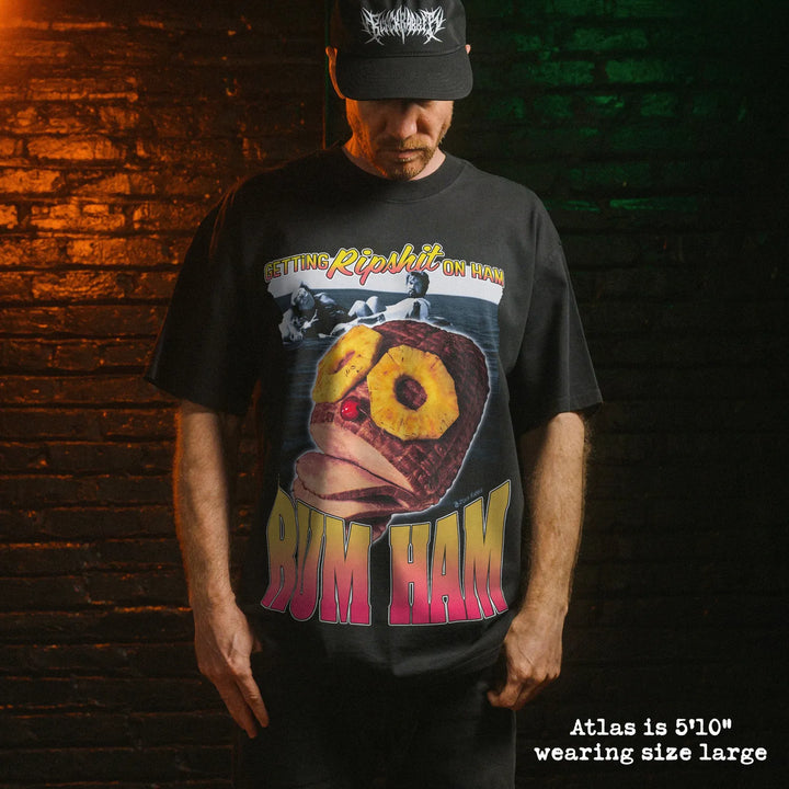 Model wearing heavy tee with rum ham graphic 