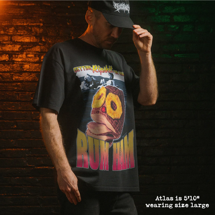 Model wearing heavy tee with rum ham graphic 