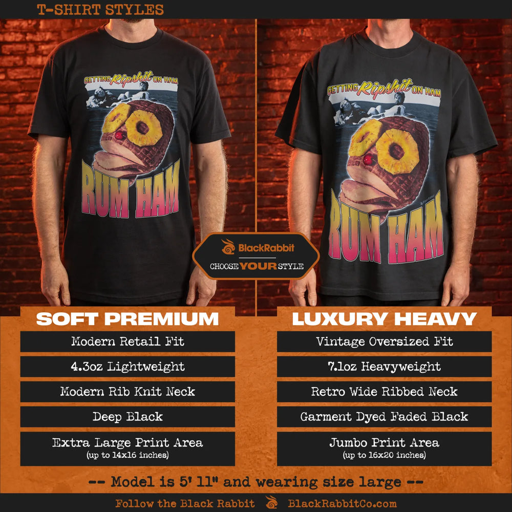 Two different styles of black t-shirts featuring a graphic of a brown, pineapple-eyed creature with ’BUM HAM’ written below it.