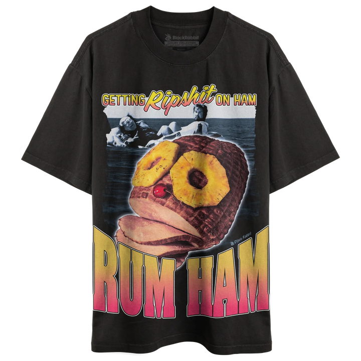 Black graphic t-shirt with a ’Rum Ham’ design.