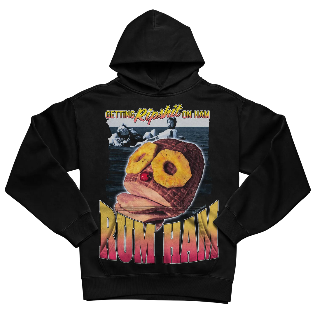 Black hoodie with a colorful, cartoonish design featuring an alligator and donuts.