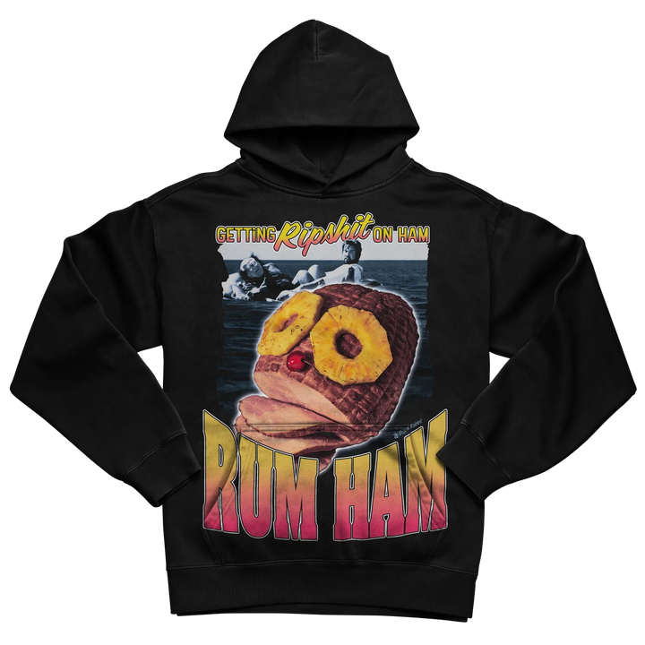 Black hoodie with a colorful, cartoonish design featuring an alligator and donuts.
