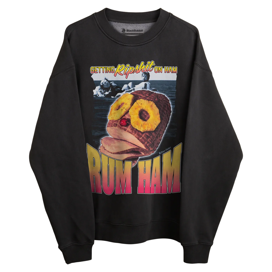 Black crewneck sweatshirt with pineapple design and text ’drum ham’ in yellow, pink, purple, green.