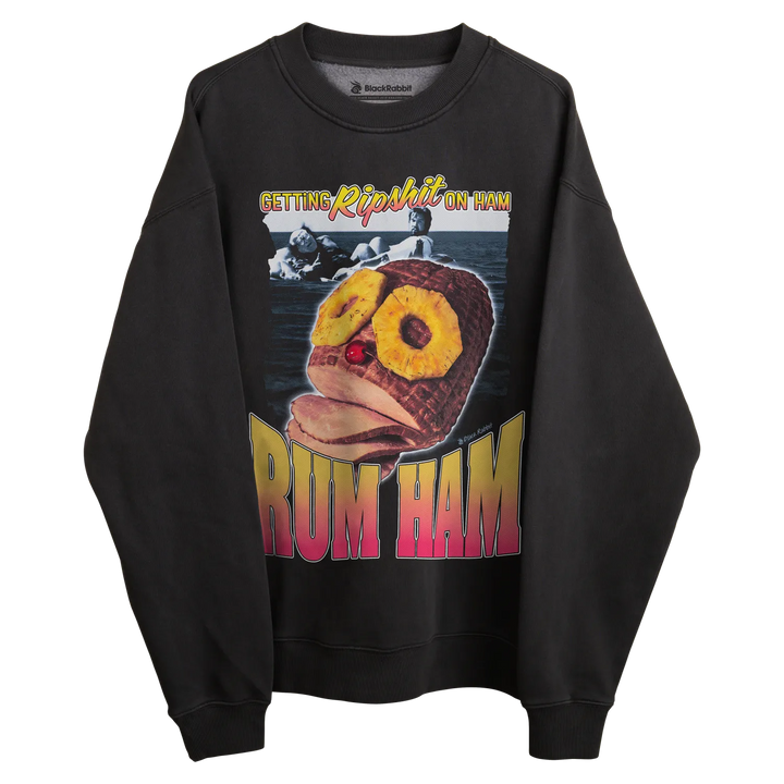 Black crewneck sweatshirt with pineapple design and text ’drum ham’ in yellow, pink, purple, green.