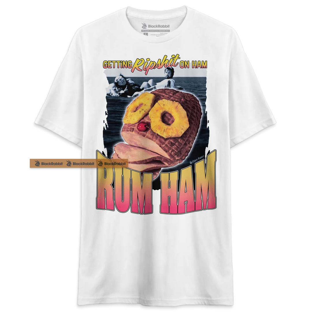 White t-shirt with ’Rum Ham’ graphic.