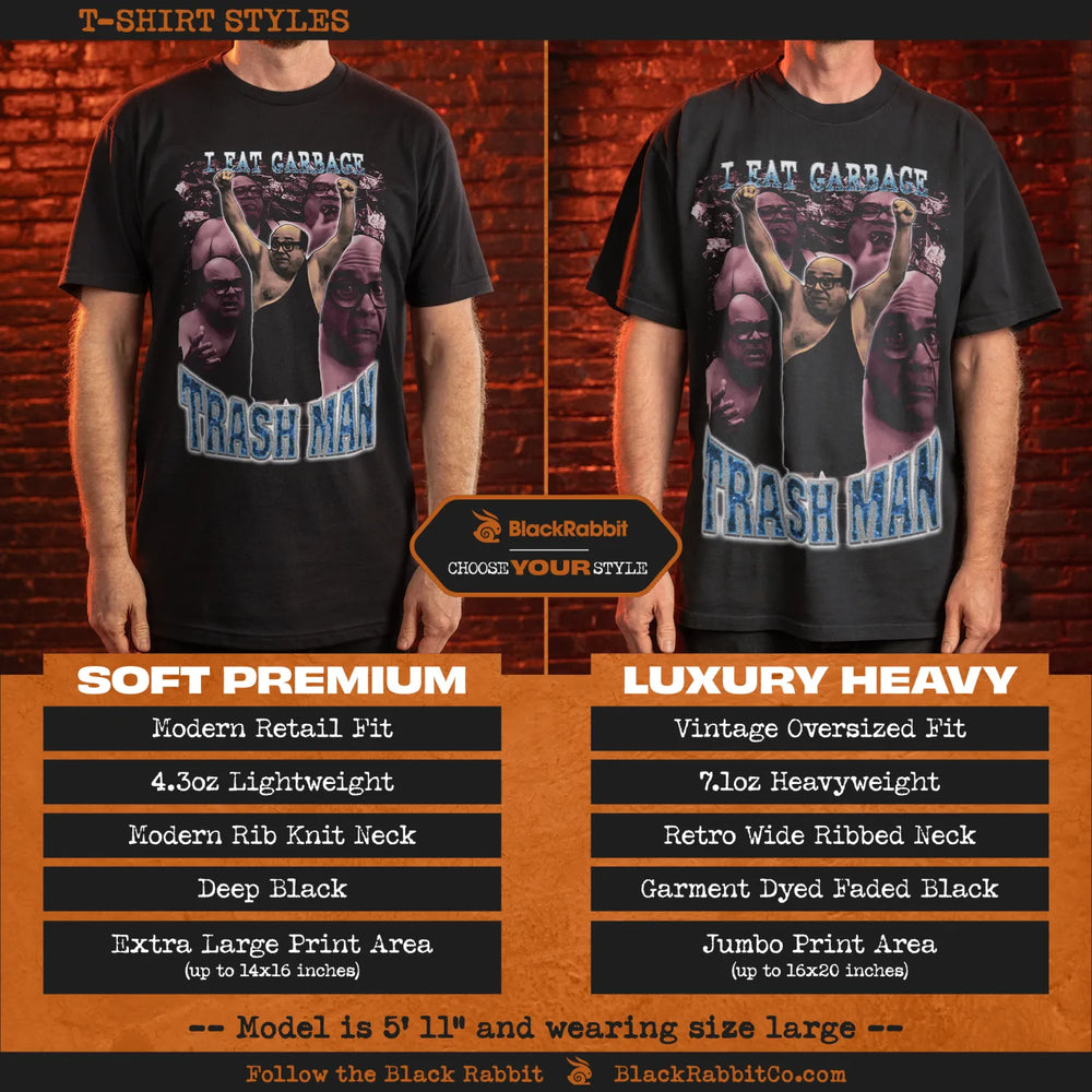 Two different styles of black t-shirts featuring a ’Trash Man’ graphic.