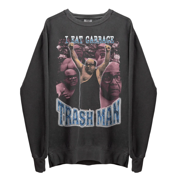 Dark grey long-sleeved sweatshirt with a graphic print of Danny DeVito and the text ’I EAT GARBAGE’ and ’TRASH MAN’.