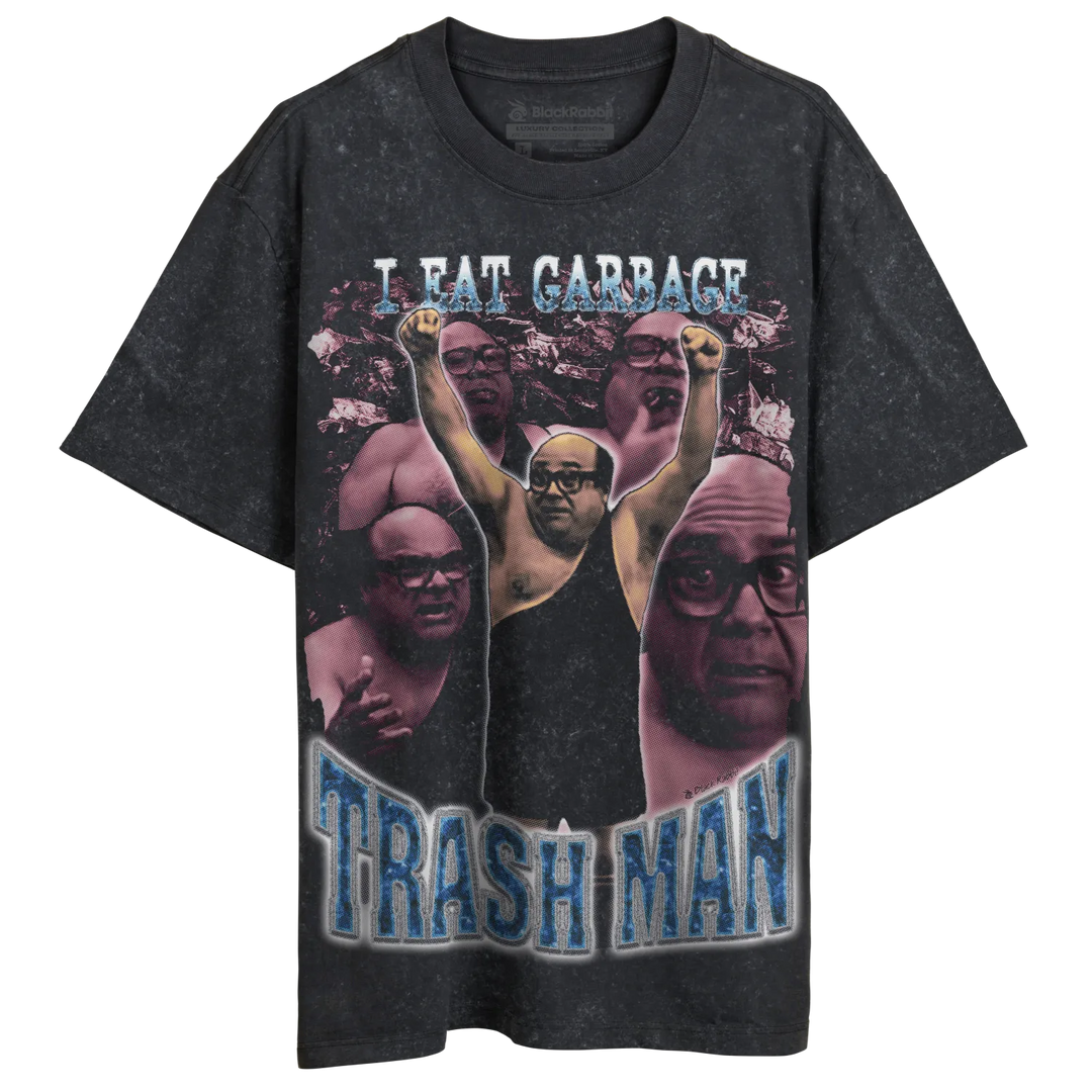 Black ’I Eat Garbage Trash Man’ graphic t-shirt.