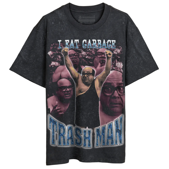 Black ’I Eat Garbage Trash Man’ graphic t-shirt.