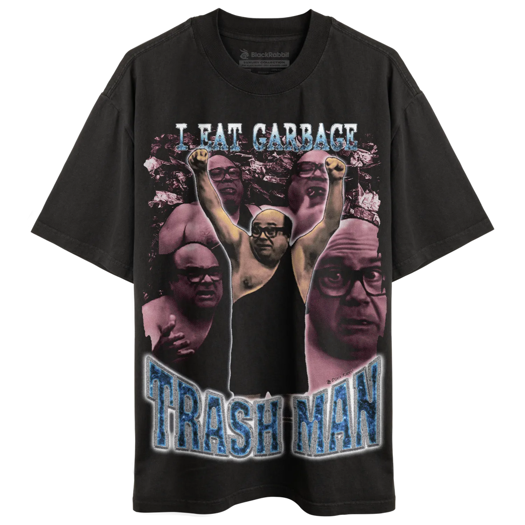 Black crew-neck t-shirt with a graphic of Danny DeVito and the text ’I EAT GARBAGE TRASH MAN’.