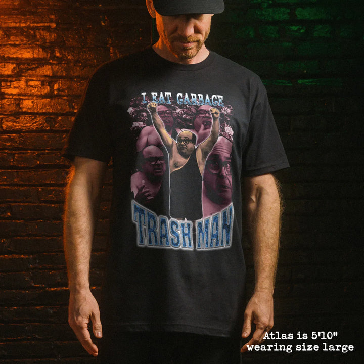 Male model wear soft premium tee with trash man graphic
