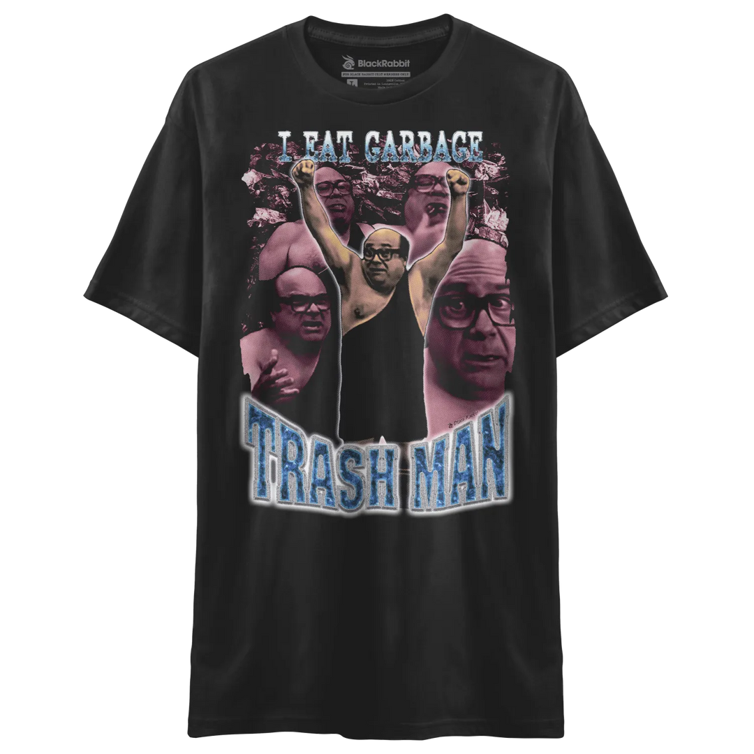 Black t-shirt with a graphic print of Danny DeVito in various poses and the text ’I EAT GARBAGE TRASH MAN’.