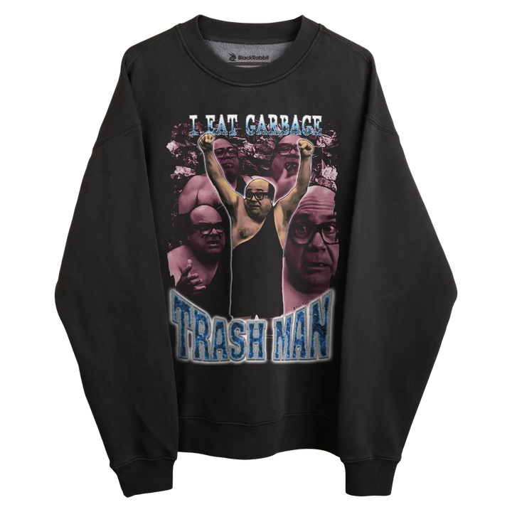 Black crewneck sweatshirt with graphic design featuring a man and text ’i eat garbage’ in white, blue, purple, pink, yellow, green, red, orange, brown, gray, beige.