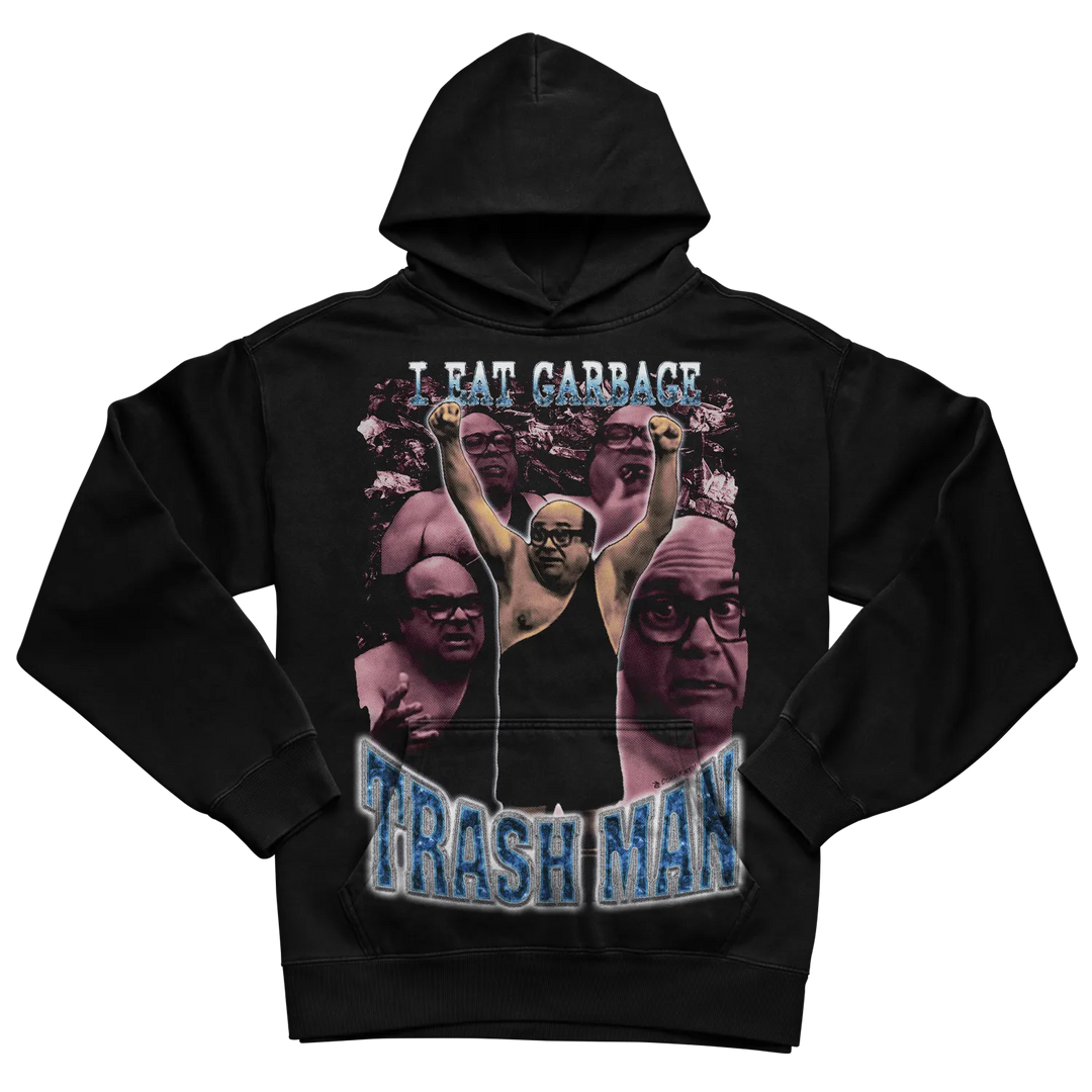 Black hoodie with ’i eat garbage trash man’ design and image of wrestler, blue text on front.