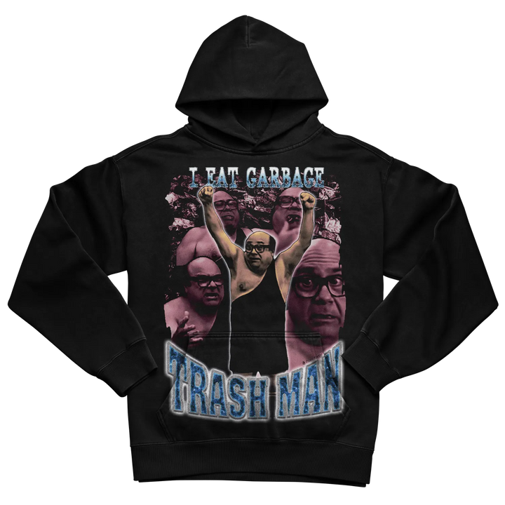 Black hoodie with ’i eat garbage trash man’ design and image of wrestler, blue text on front.