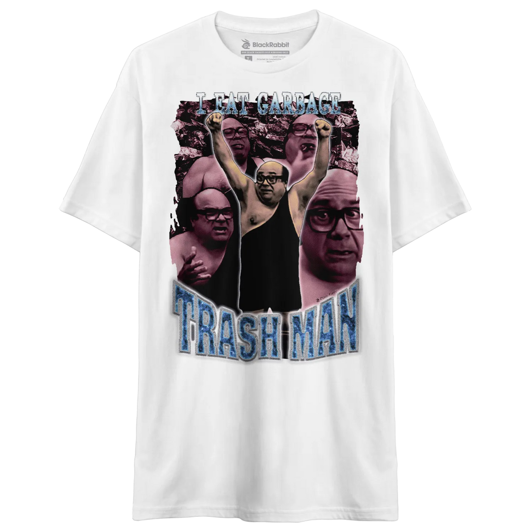 White t-shirt with a graphic print of Danny DeVito as ’Trash Man’ from It’s Always Sunny in Philadelphia.