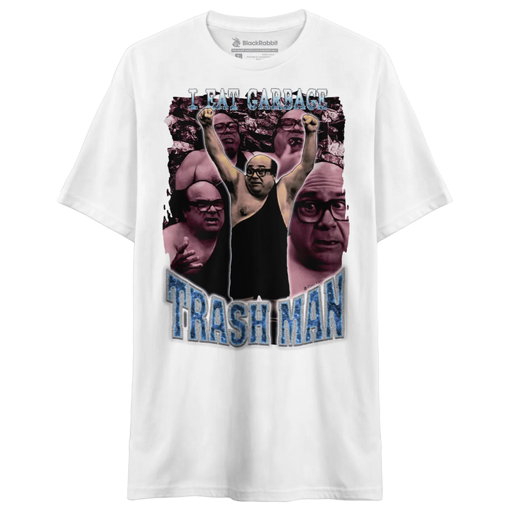 White t-shirt with a graphic print of Danny DeVito as ’Trash Man’ from It’s Always Sunny in Philadelphia.