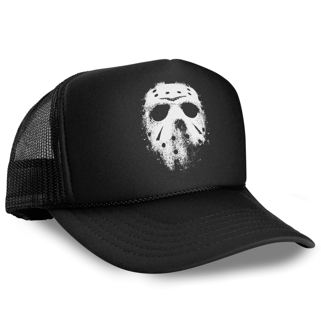 Black Foam Front Trucker Hat featuring white distressed hockey mask graphic