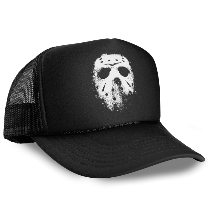Black Foam Front Trucker Hat featuring white distressed hockey mask graphic
