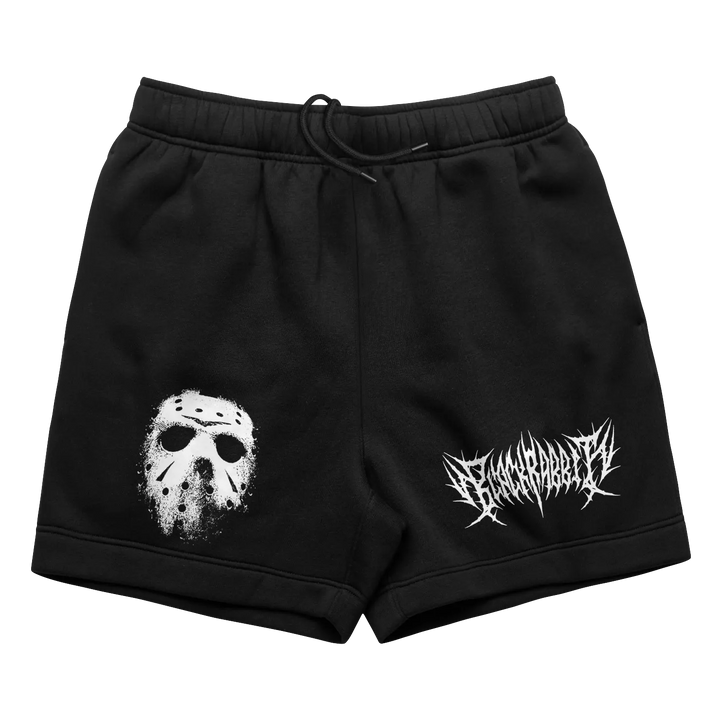 Black sweat shorts with a white jason voorhees mask and black label logo, officially licensed living dead design