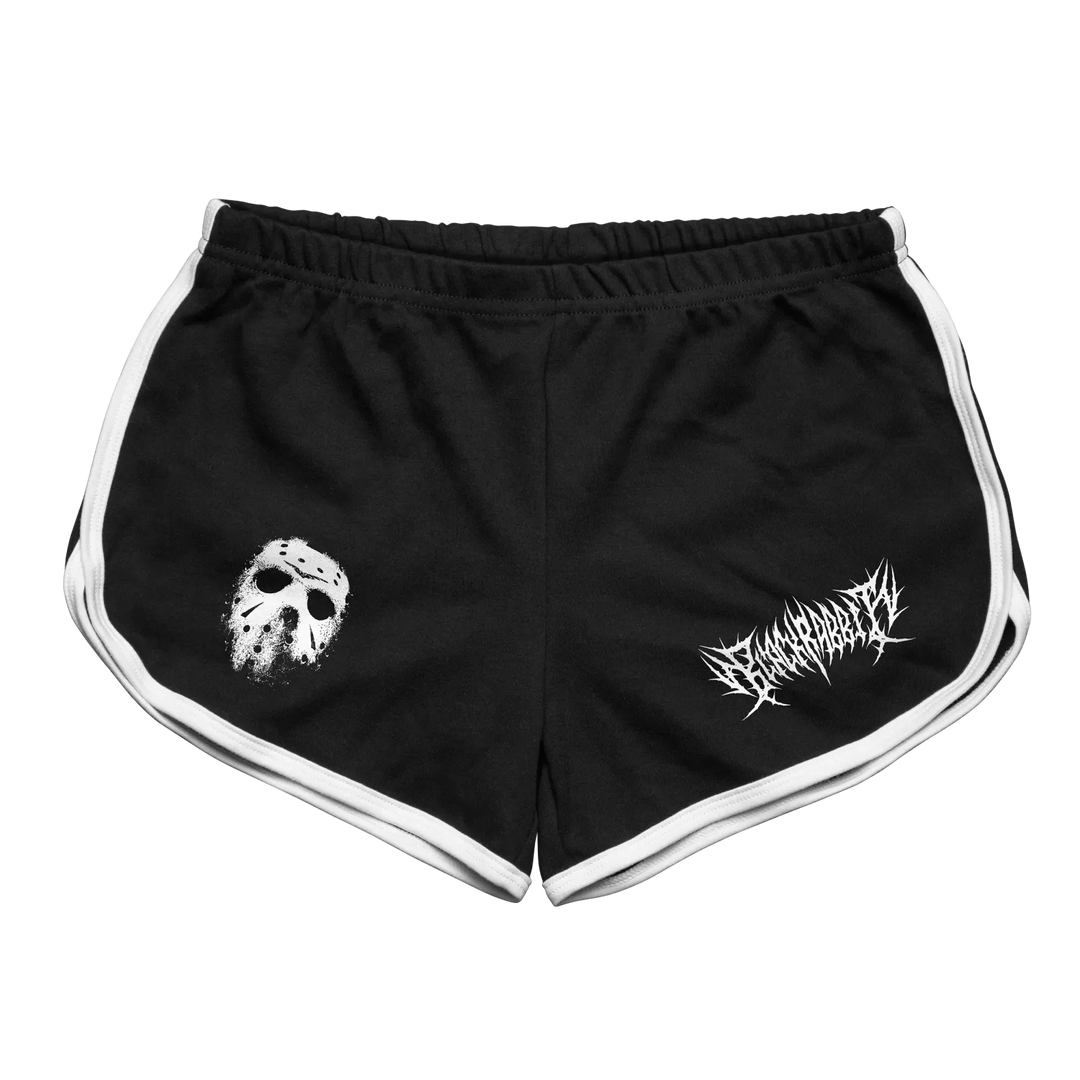 Black rabbit women’s retro sport shorts in preshrunk cotton with white side stripes and printed designs on legs