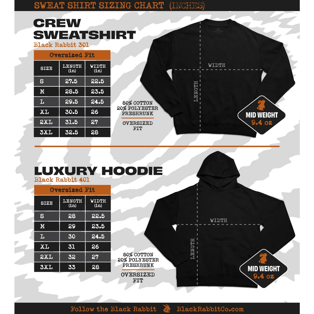 Sizing chart for Black Rabbit sweatshirts and hoodie with measurements and weight information. 