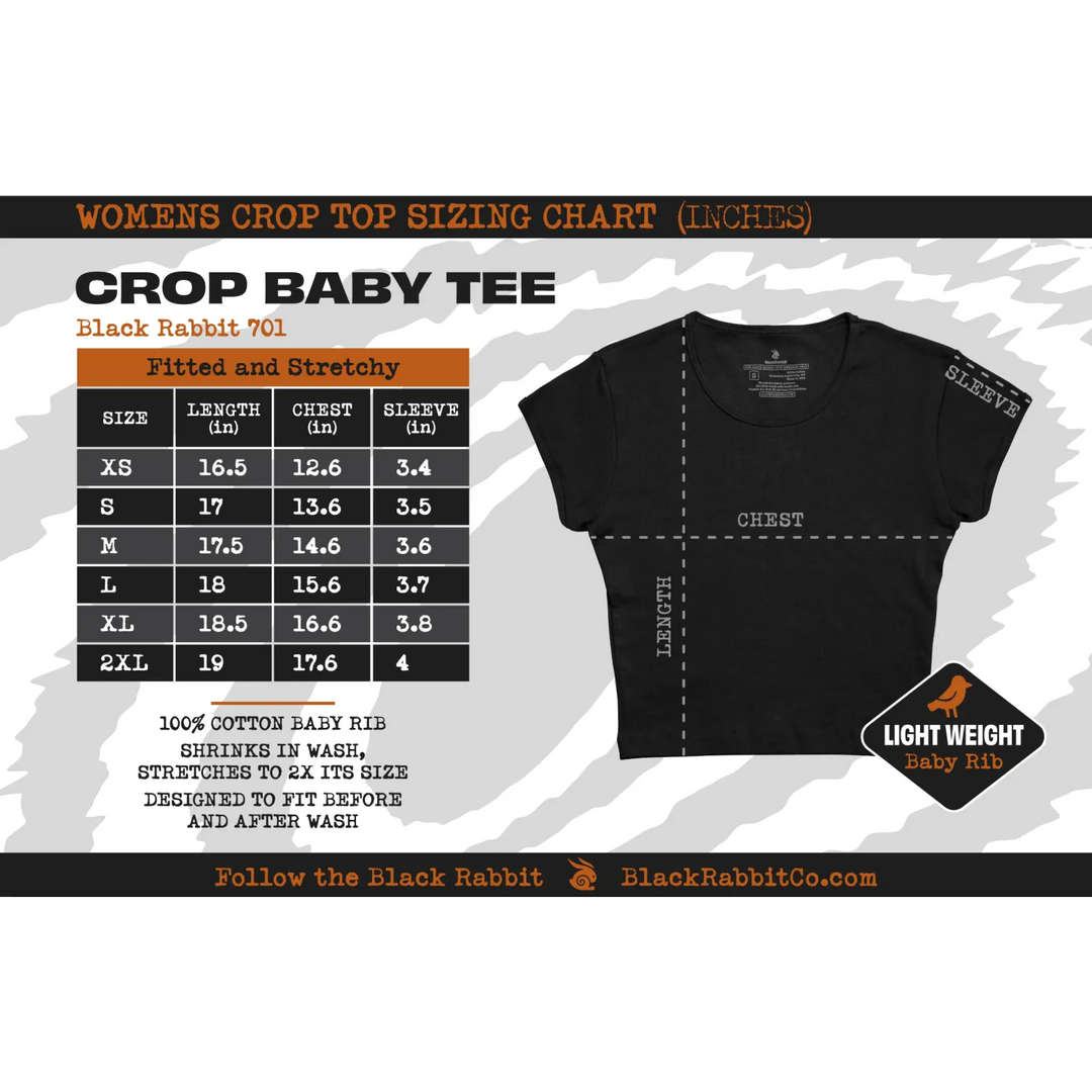 Womens crop top sizing chart with a black crop top on a gray background 
