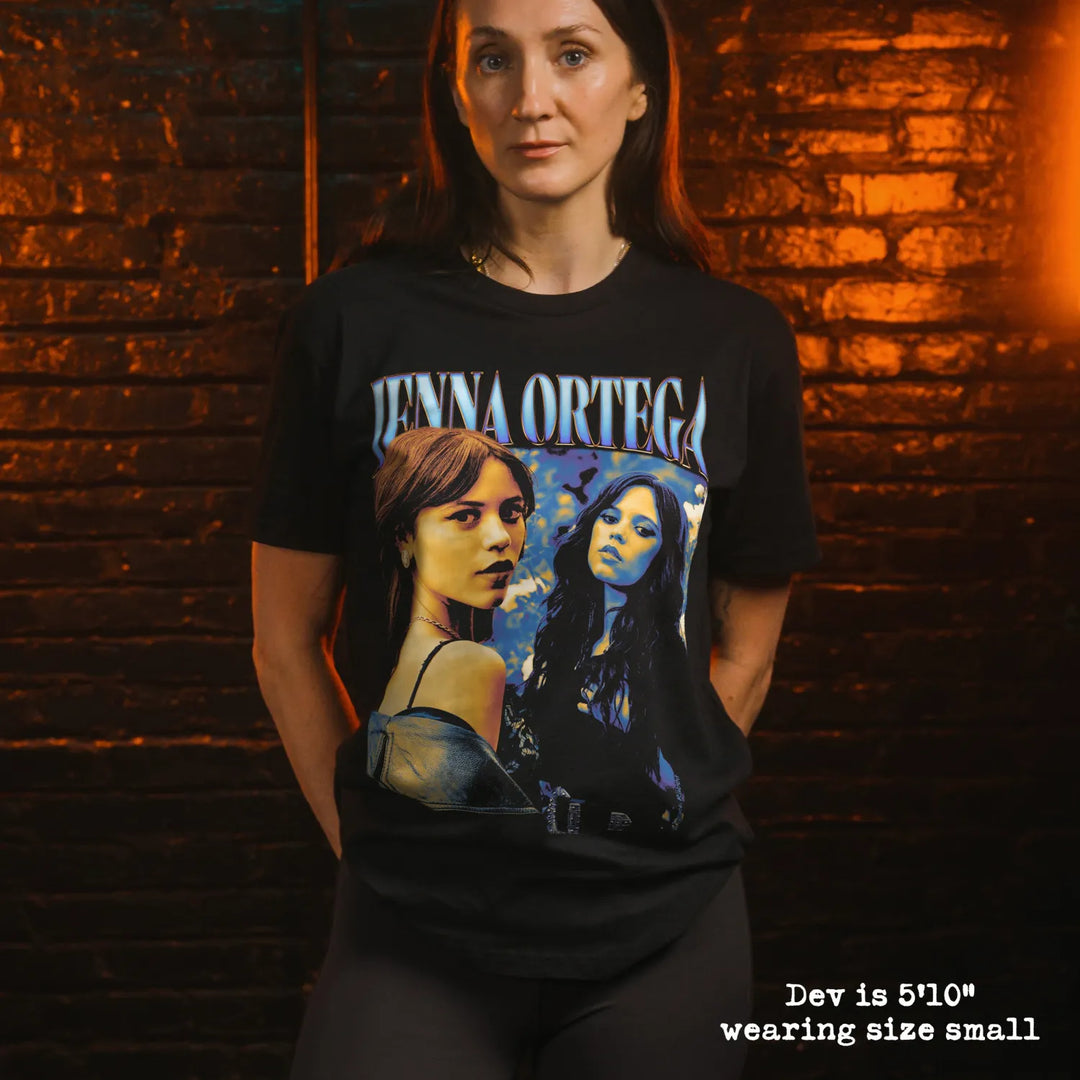 model wear soft premium tee with jenna ortega graphic
