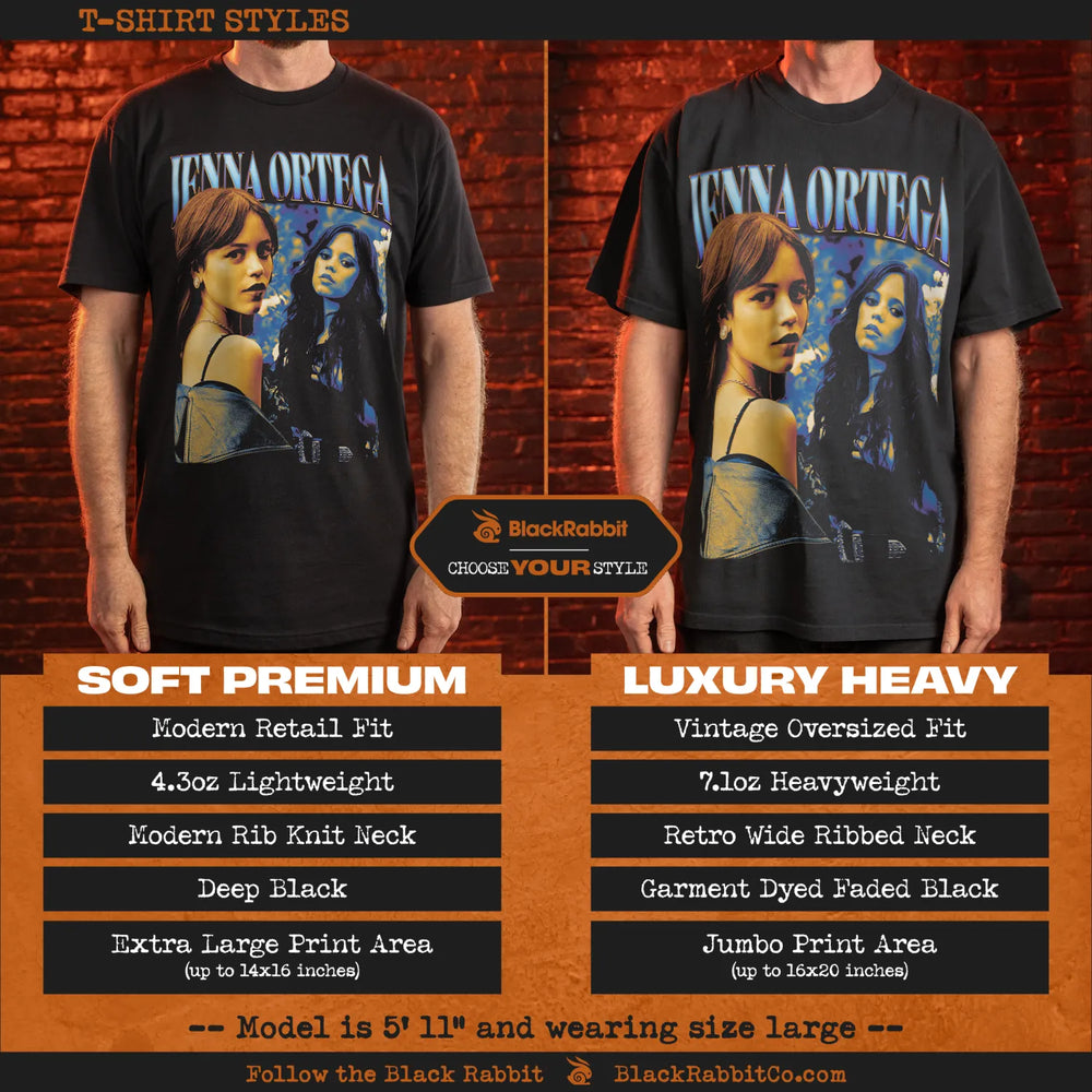 A comparison of two black t-shirt styles with a ’Jenna Ortega’ graphic.